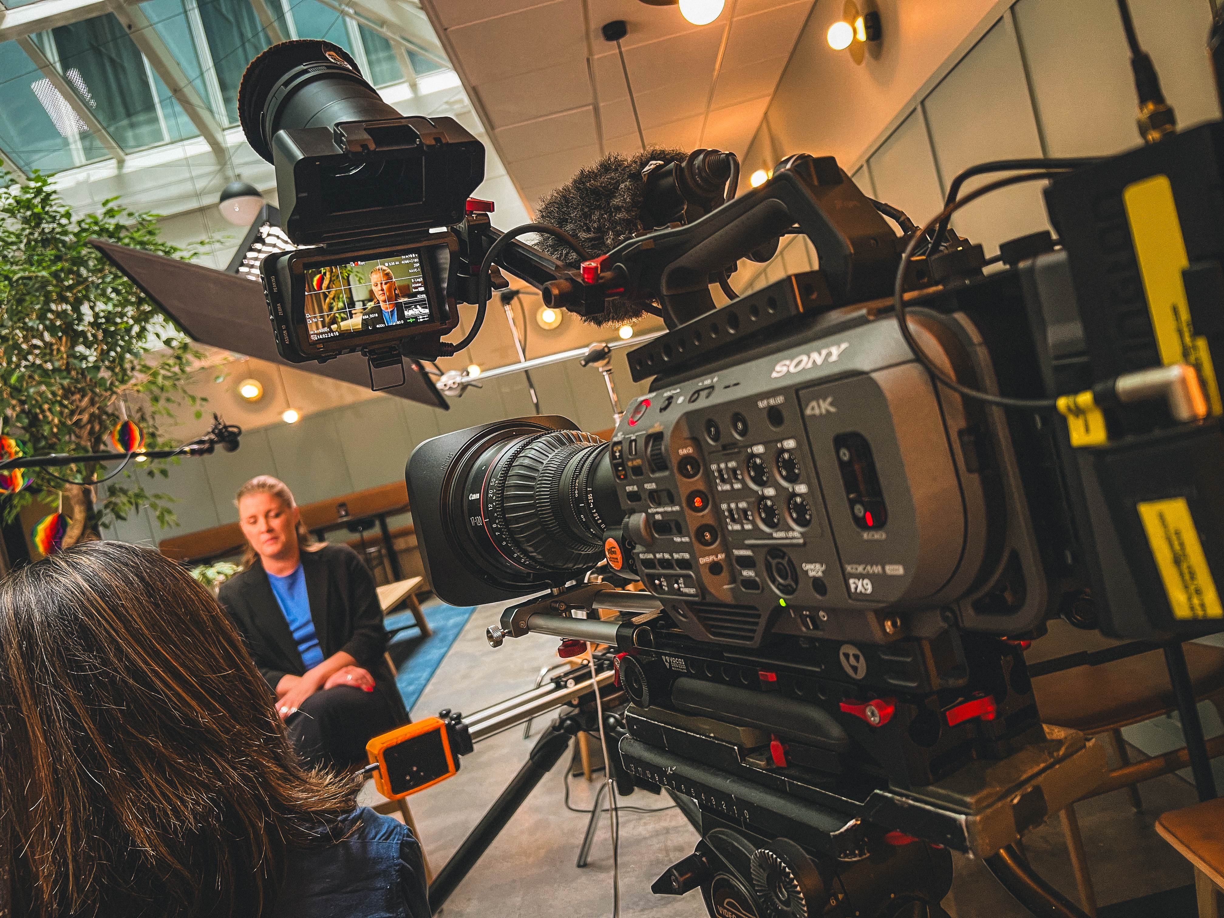 Production interview setup with camera and lighting in a living room.